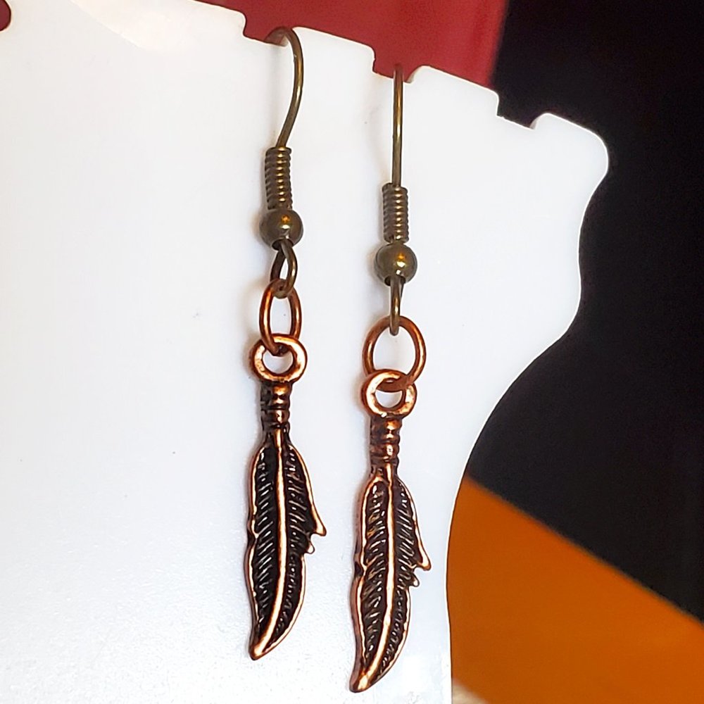 Bronze Hook Feather Charm Dangle Earrings Native